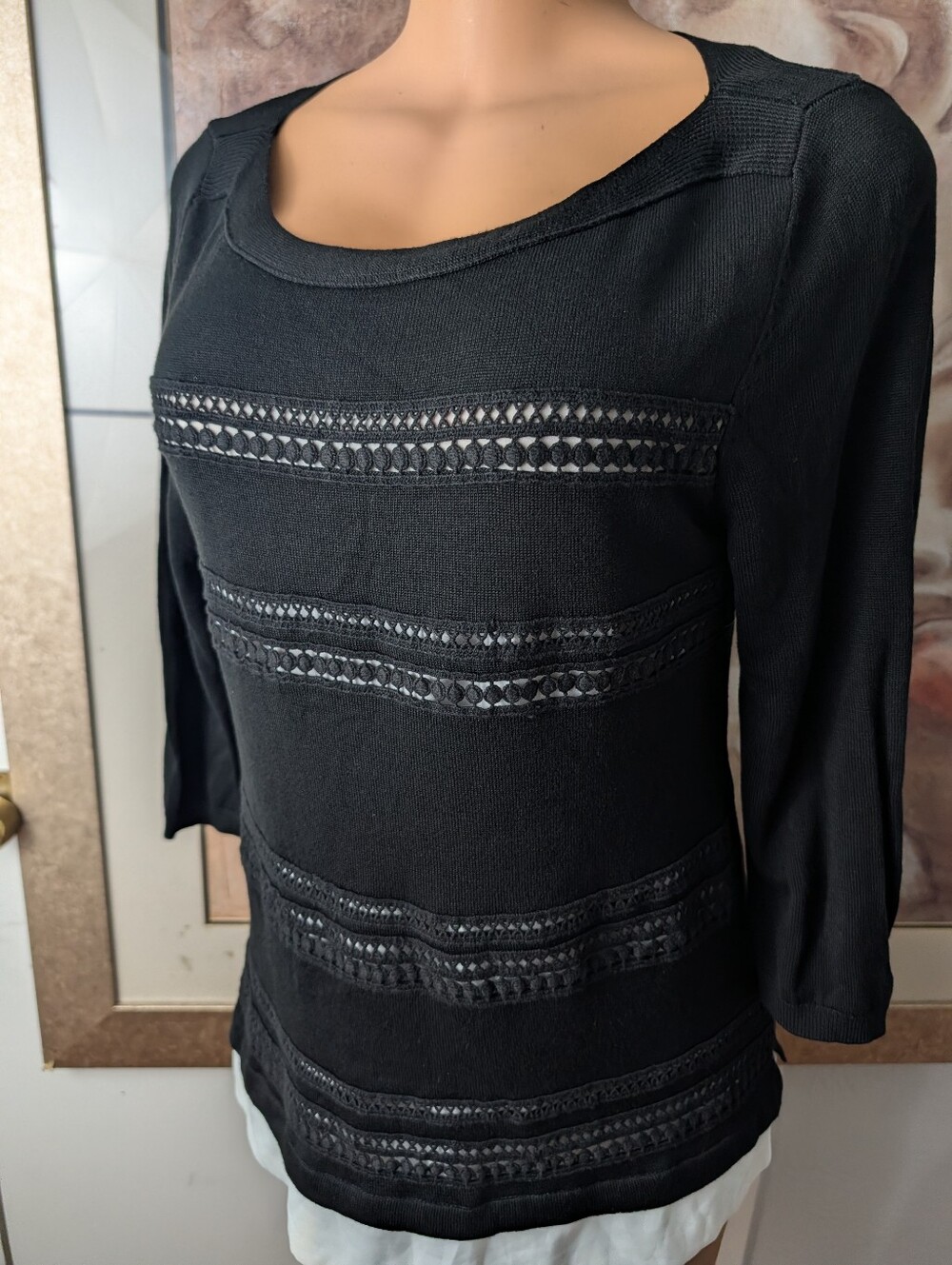 White House Black Market sweater distinctive horizontal crochet bands Size S